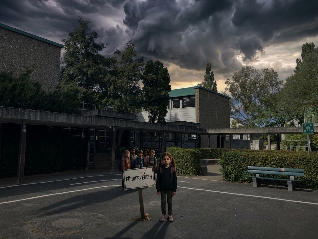 Illustration: Kinder stehen vor dem Schulgebäude neben einem Schild mit der Aufschrift Förderverein, darüber dunkle Gewitterwolken